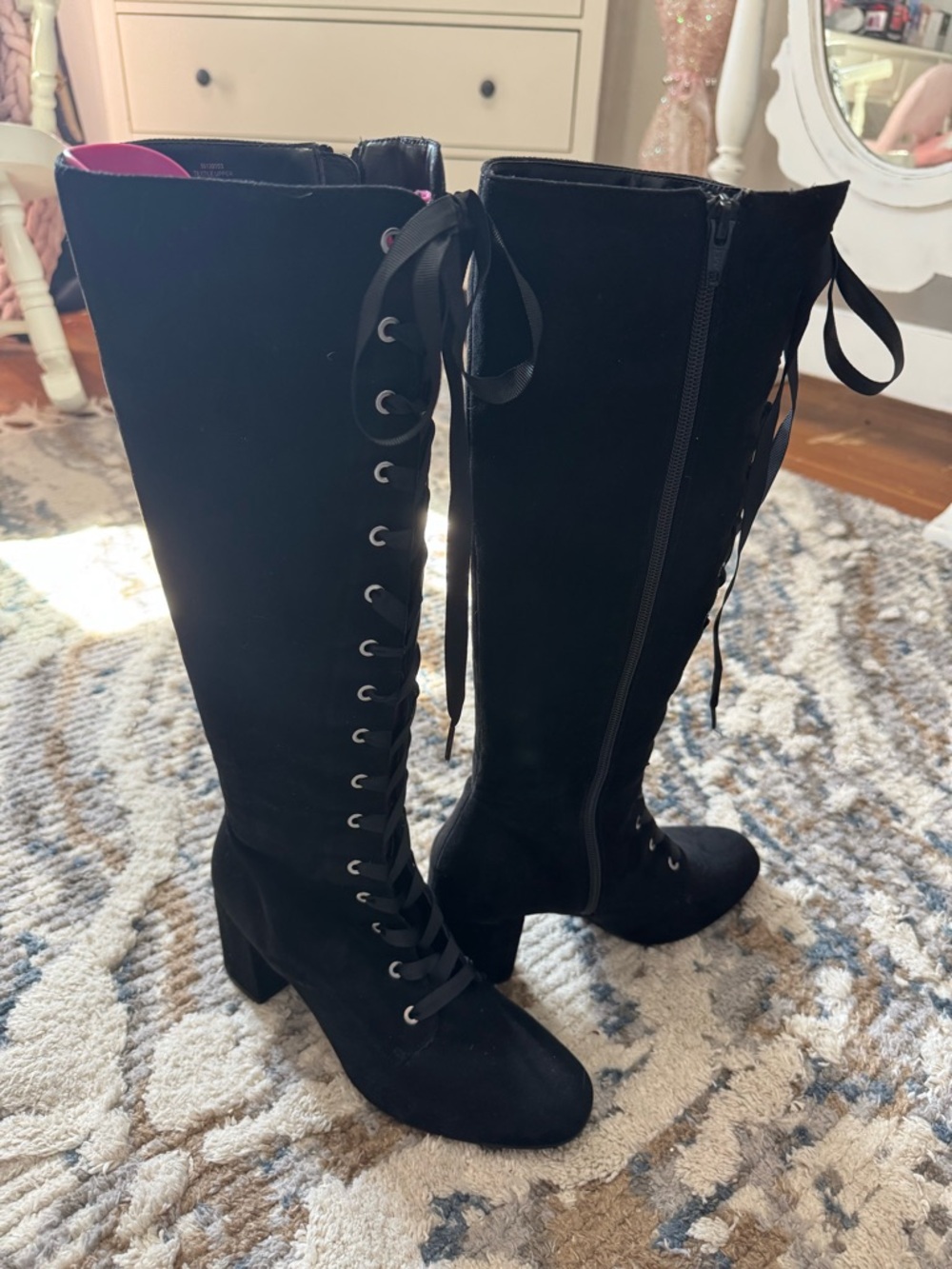 Classic Black Knee-High Lace-Up Heeled Boots